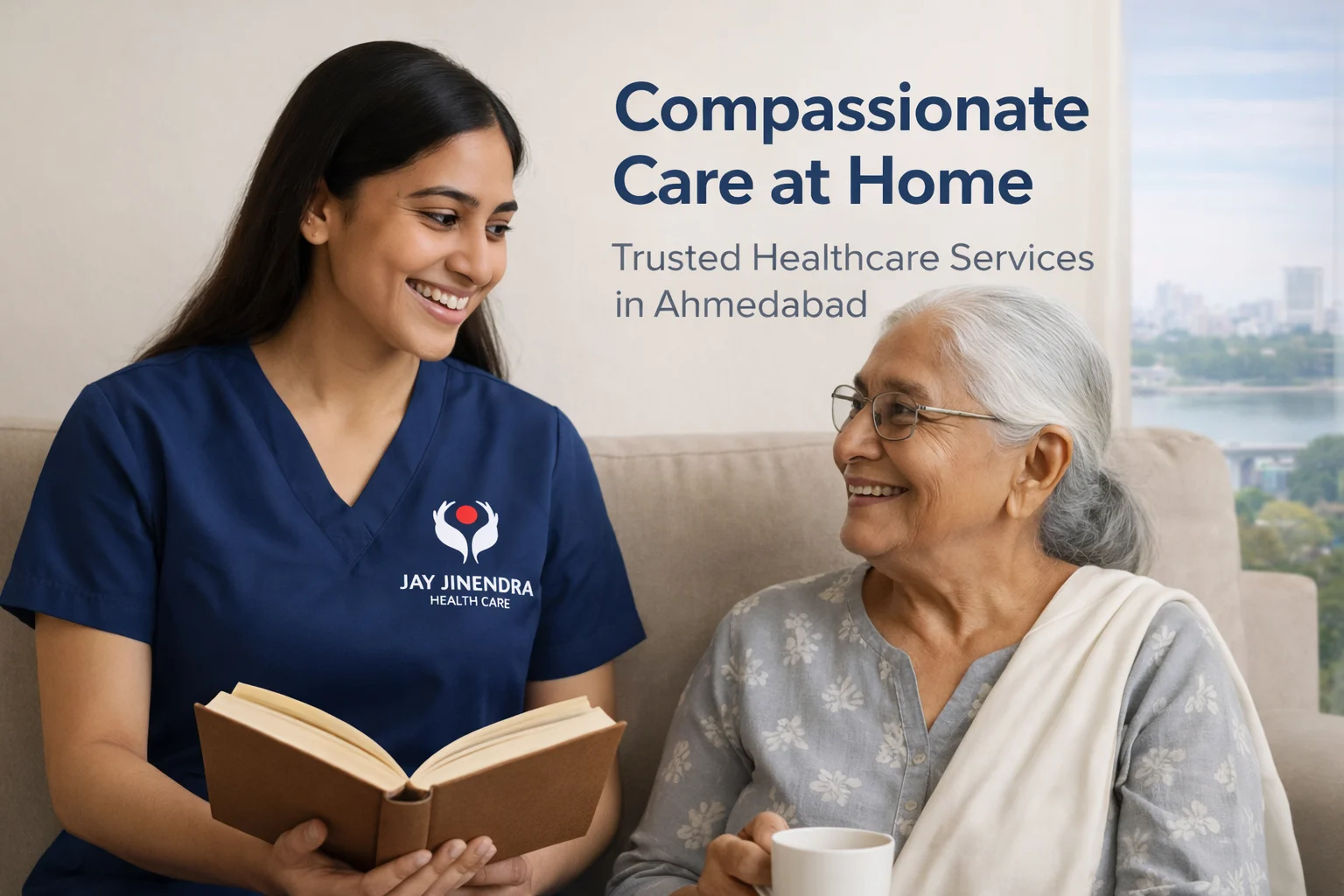 Professional caregiver providing elderly care at home in Ahmedabad
